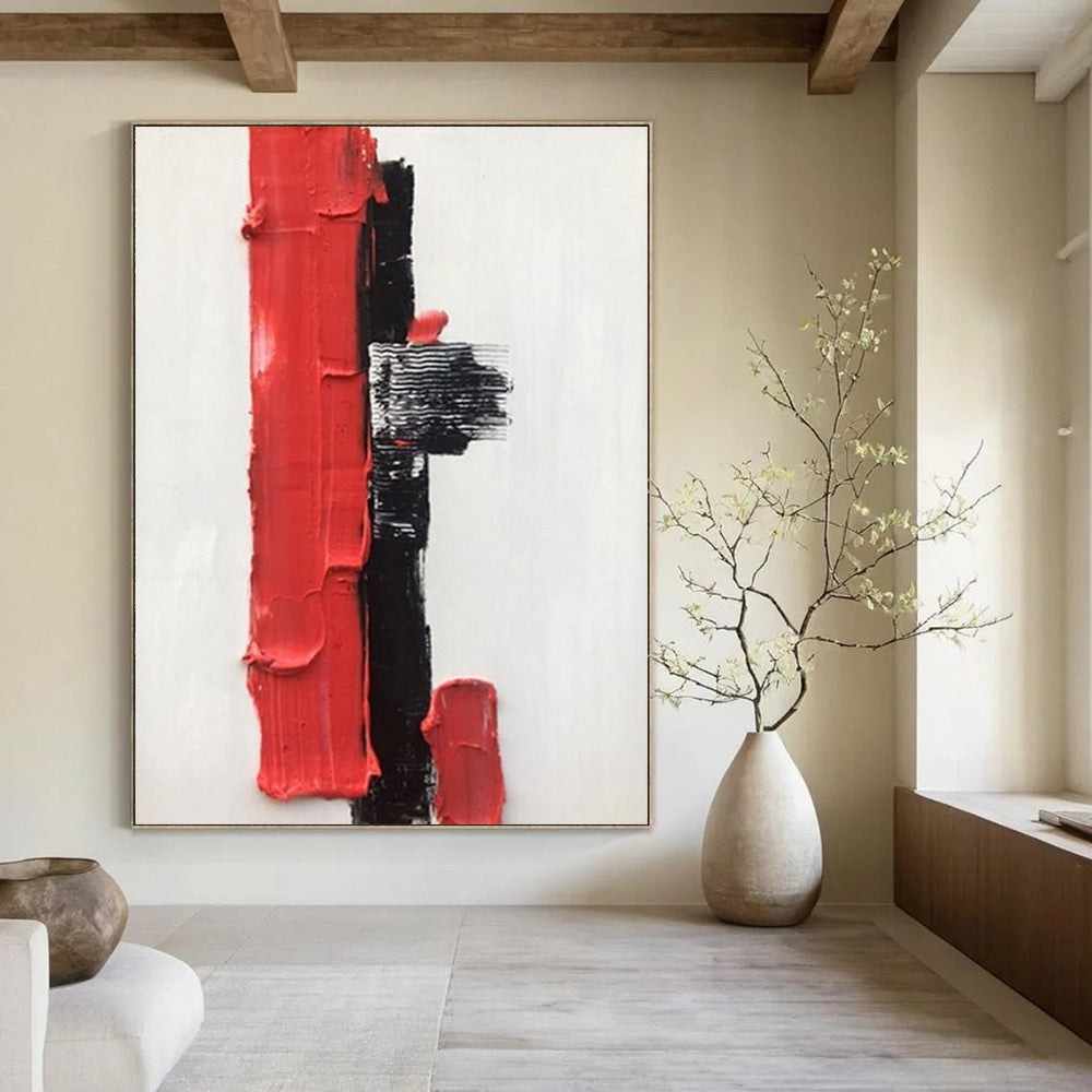 “Red, Black, and White Textured Forms” - Striking Abstract Painting On Canvas DS390