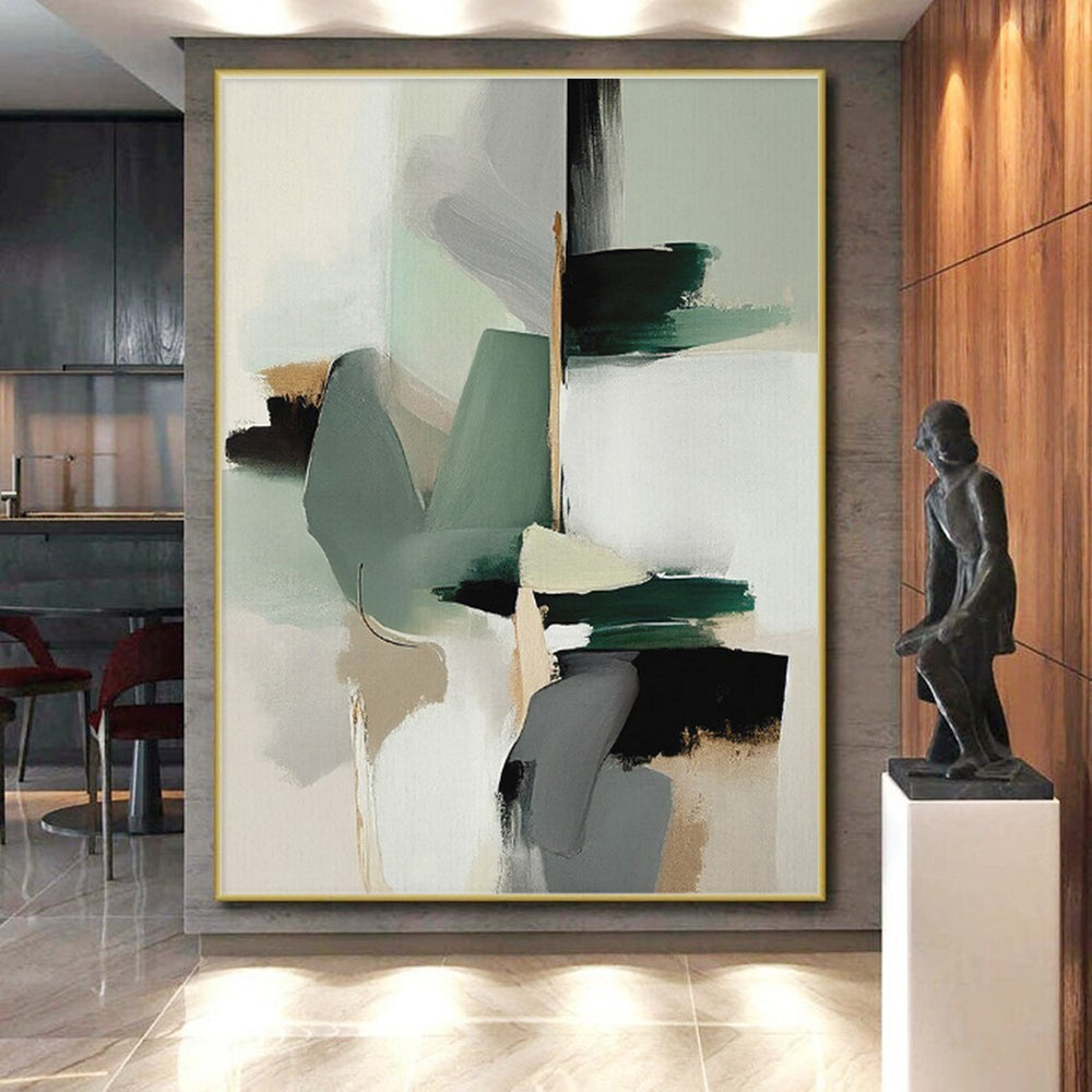 “Soft - Toned Geometric Fusion” - Light Green, Gray, Beige Geometric Abstract Painting On Canvas PS0746