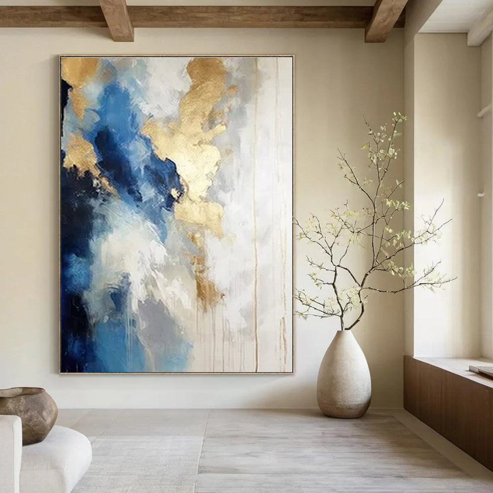 Blue, White, and Gold Abstract Clouds - Flowing Color Abstract Painting On Canvas PS1239