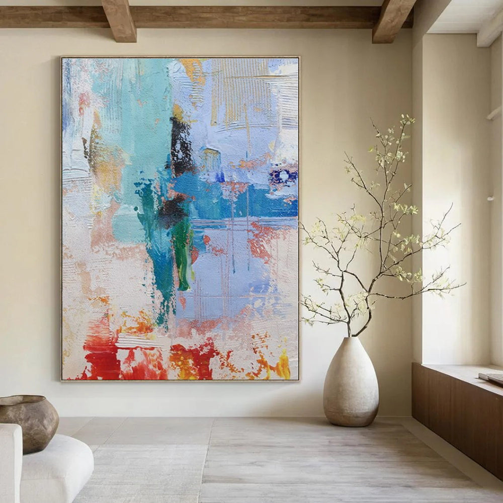 Blue, Green, Red, White, Orange with Energetic Strokes "Market Fiesta" Abstract Painting On Canvas PS1390