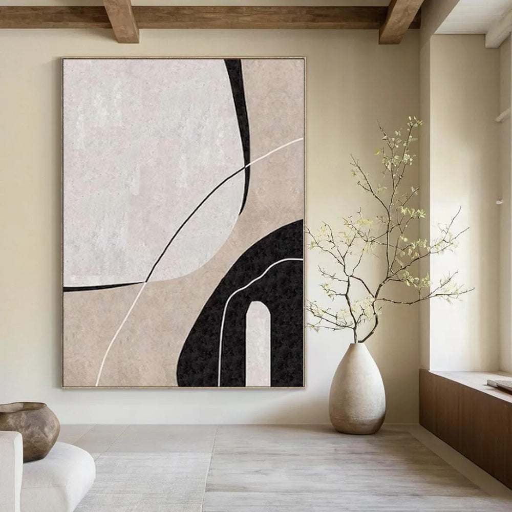 Beige, Black and White with Curved Line Forms "Organic Flow" Abstract Painting On Canvas PS1162