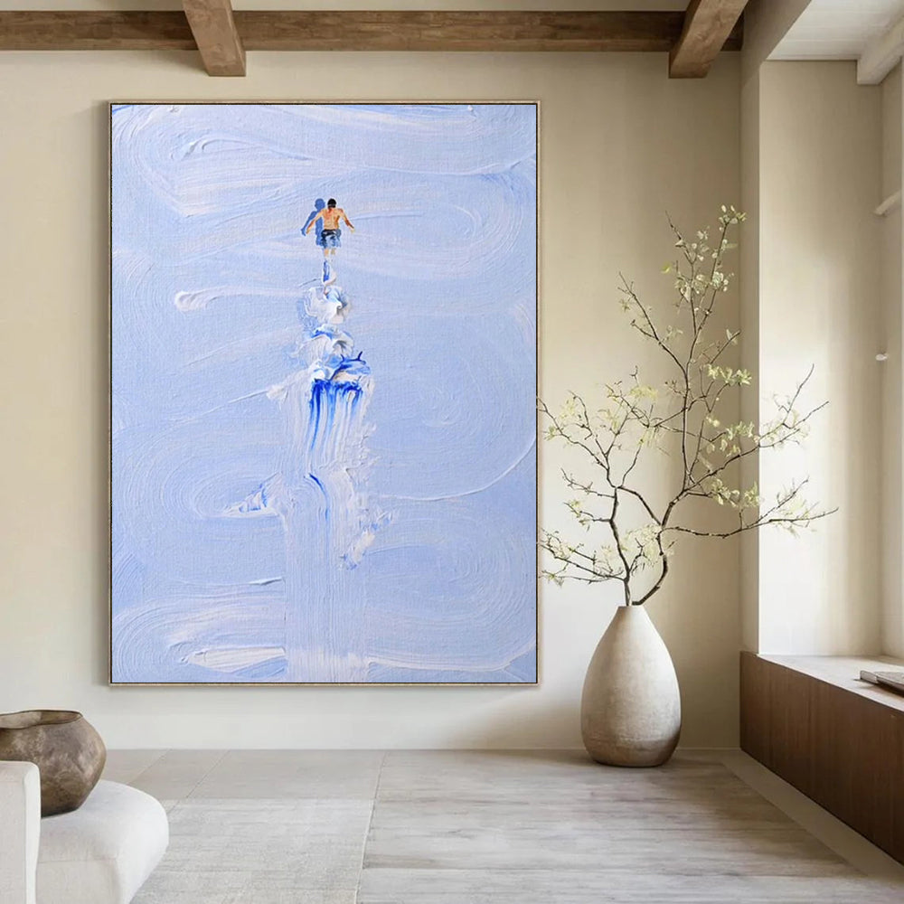 “Blue and White Figure on Wave” - Surreal Sea Adventure Painting On Canvas DS327