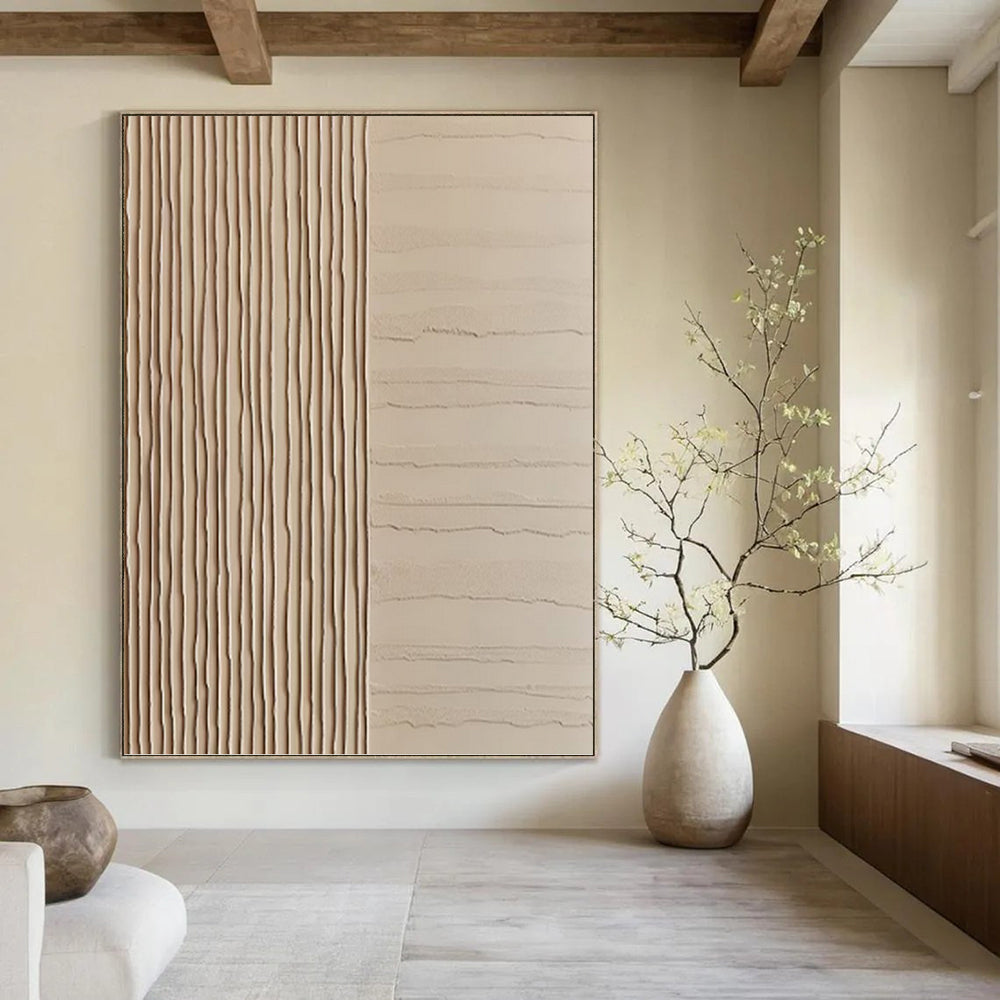 “Dual - Textured Beige Harmony” - Beige, Linear & Wavy Abstract Painting On Canvas PT1478