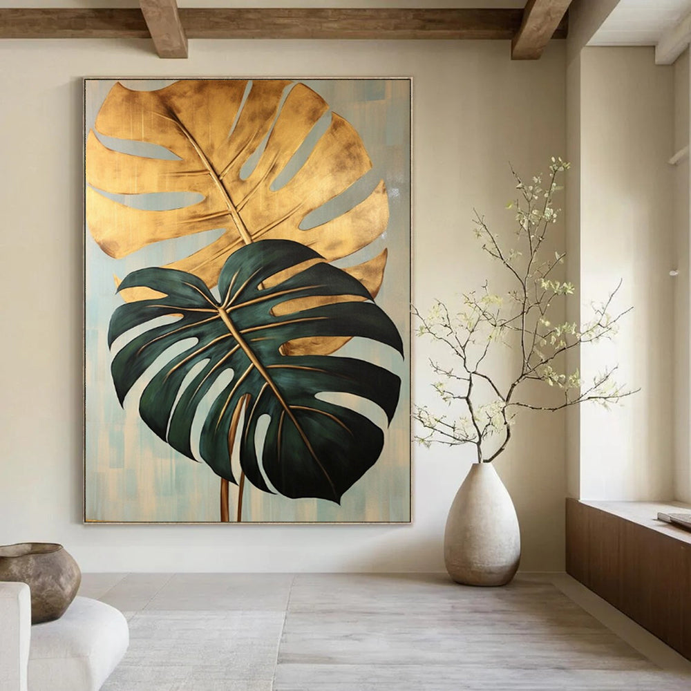 “Gold and Green Monstera Leaves” - Botanical Acrylic Painting On Canvas PT2195