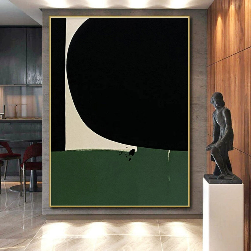 “Minimalist Color Blocks” - Black, Green, White Abstract Geometric Painting On Canvas PS0651