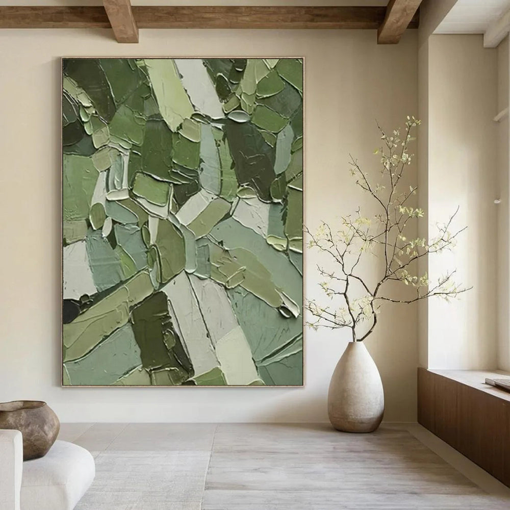 “Green Patchwork Abstract” - Cubist - Inspired Abstract Painting On Canvas PT2296