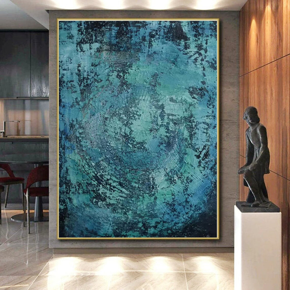 “Teal - Black Textured Abstraction” - Teal, Black Abstract Painting On Canvas PS0464