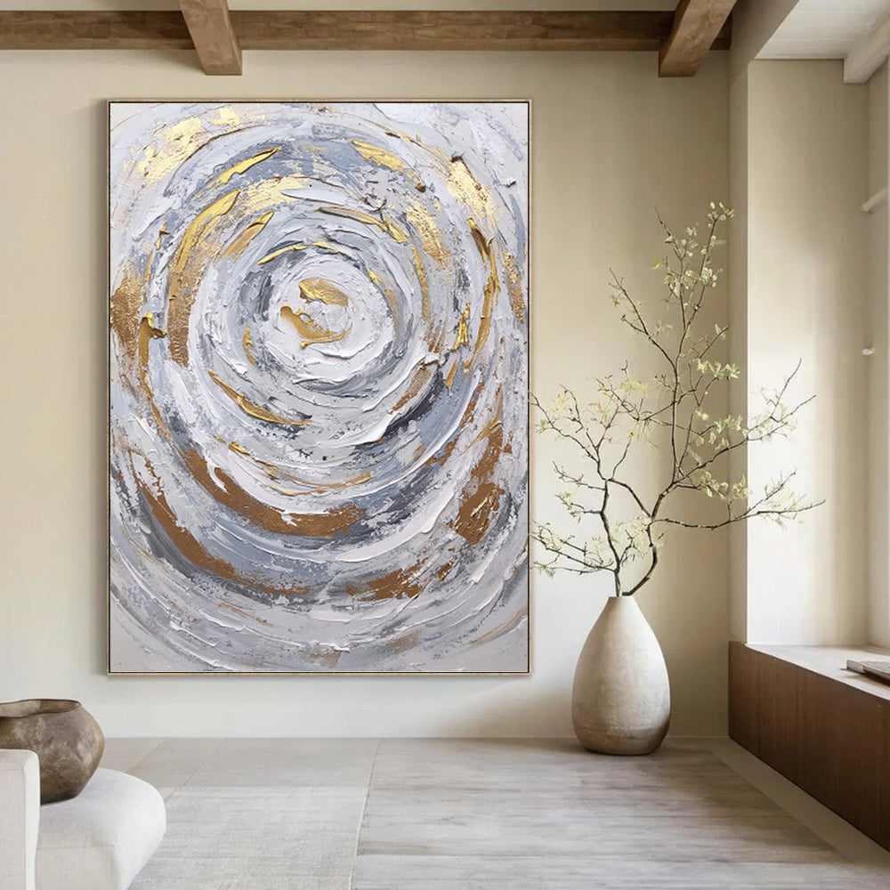“Grey - Gold Swirl” - Textured Abstract Painting On Canvas PT1286