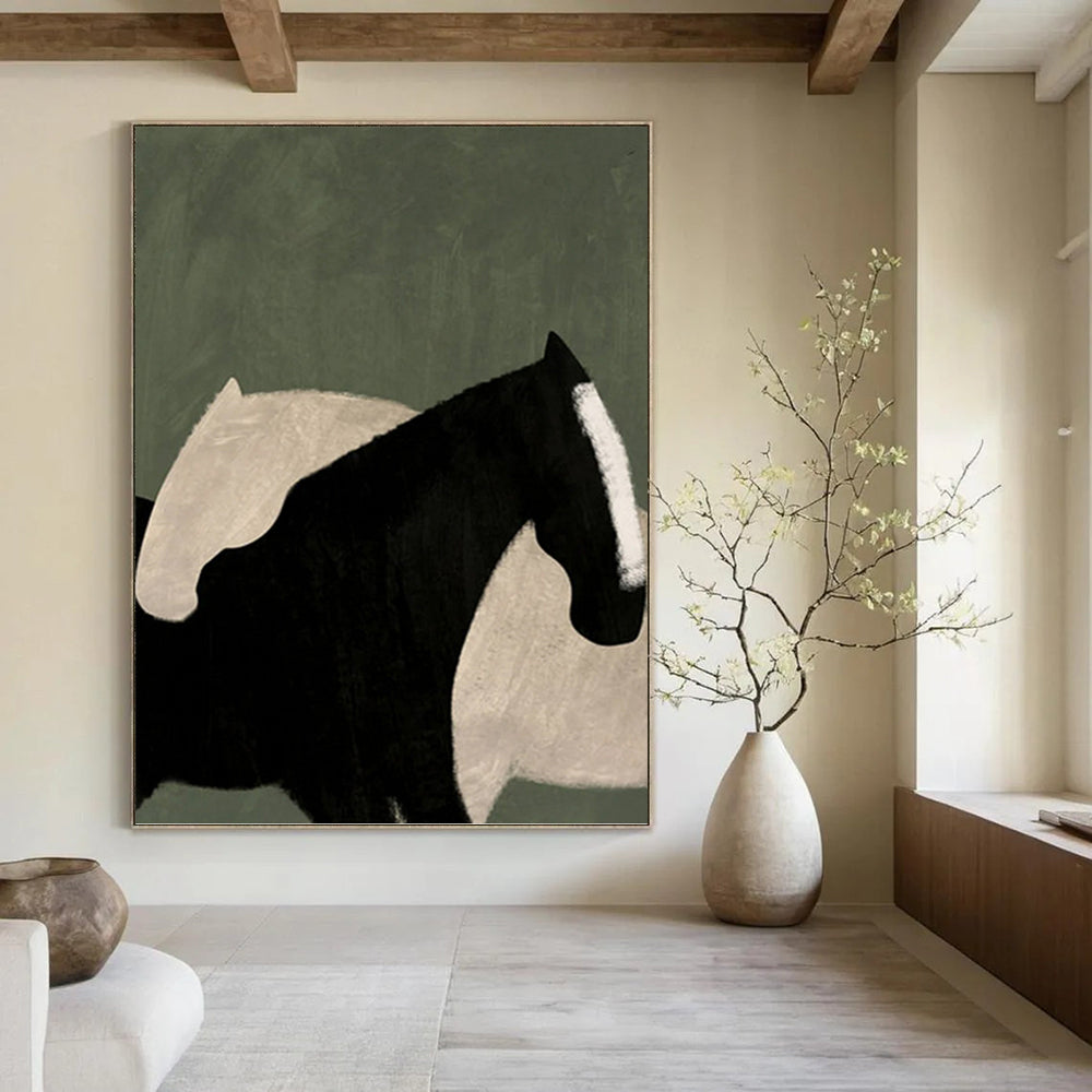 “Abstract Black & White Horses on Green” - Abstract - Inspired Animal Painting On Canvas PT1411