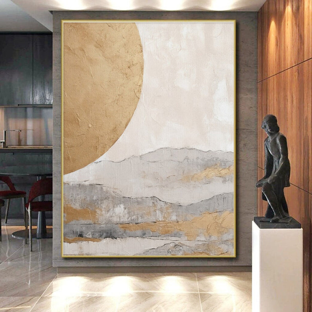 “Golden Sun & Misty Mountains” - Gold, Gray, Beige Abstract Landscape Painting On Canvas PS0745