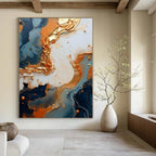 Blue and Gold Fluid Art - Swirling Metallic Patterns Painting On Canvas PS1216