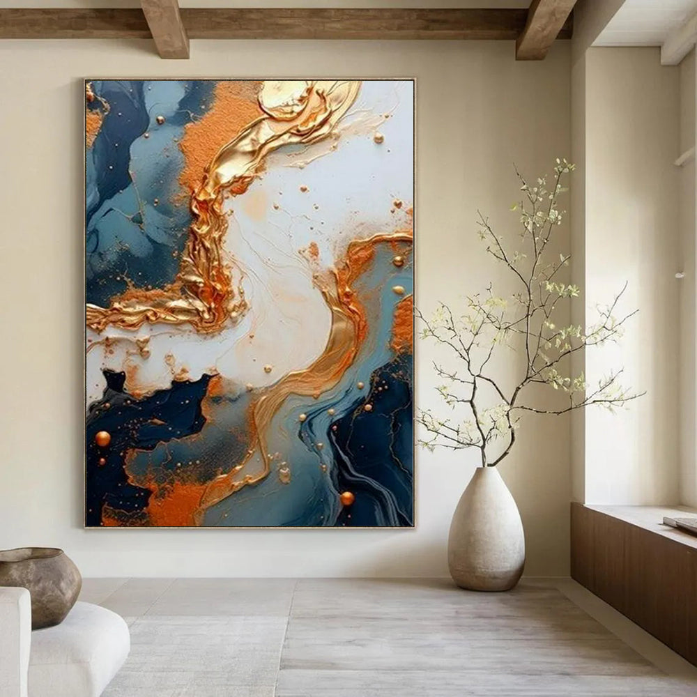 Blue and Gold Fluid Art - Swirling Metallic Patterns Painting On Canvas PS1216