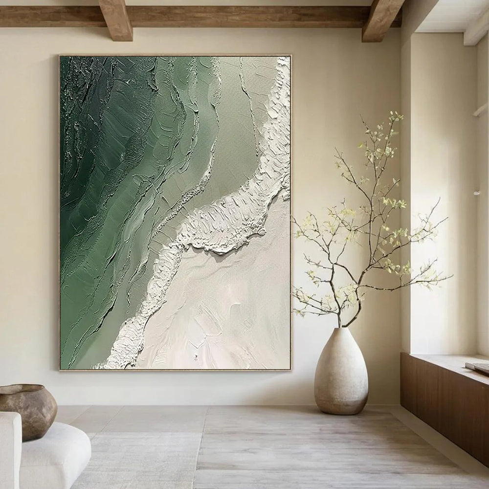 “Green and White Textured Landscape” - Abstract Impasto Painting On Canvas PT2353