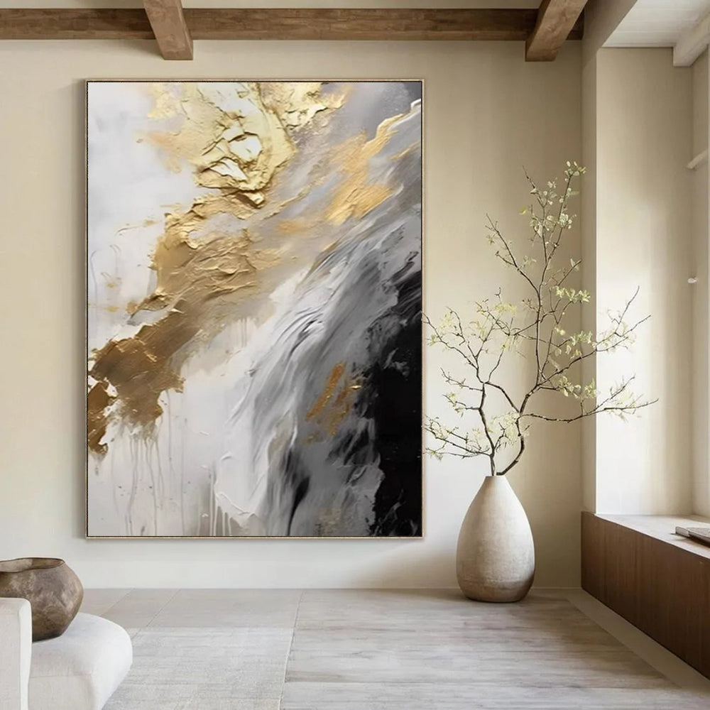 “Gold & Silver Abstract Flow” - Dynamic Abstract Painting On Canvas DS302