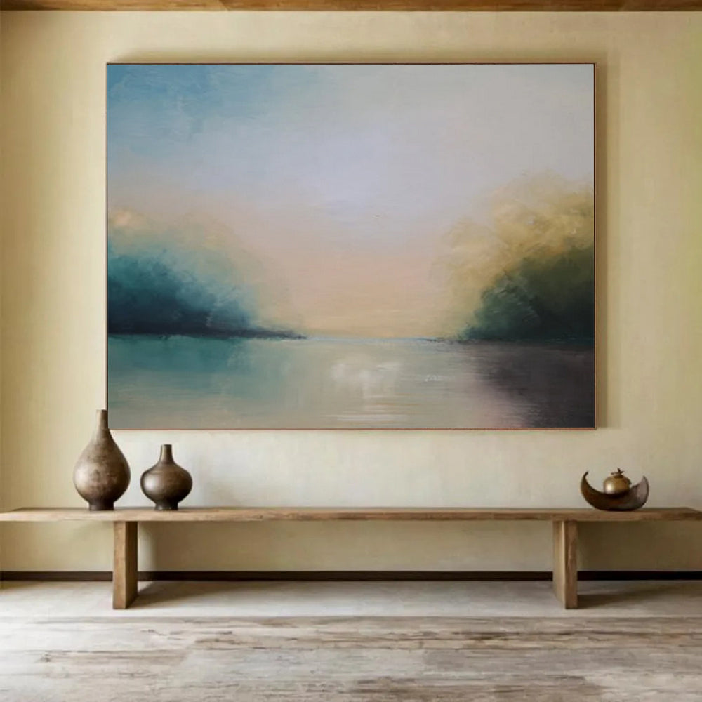 “Serene Landscape in Soft Blues, Greens & Neutrals” - Impressionistic Waterfront Painting On Canvas PT014