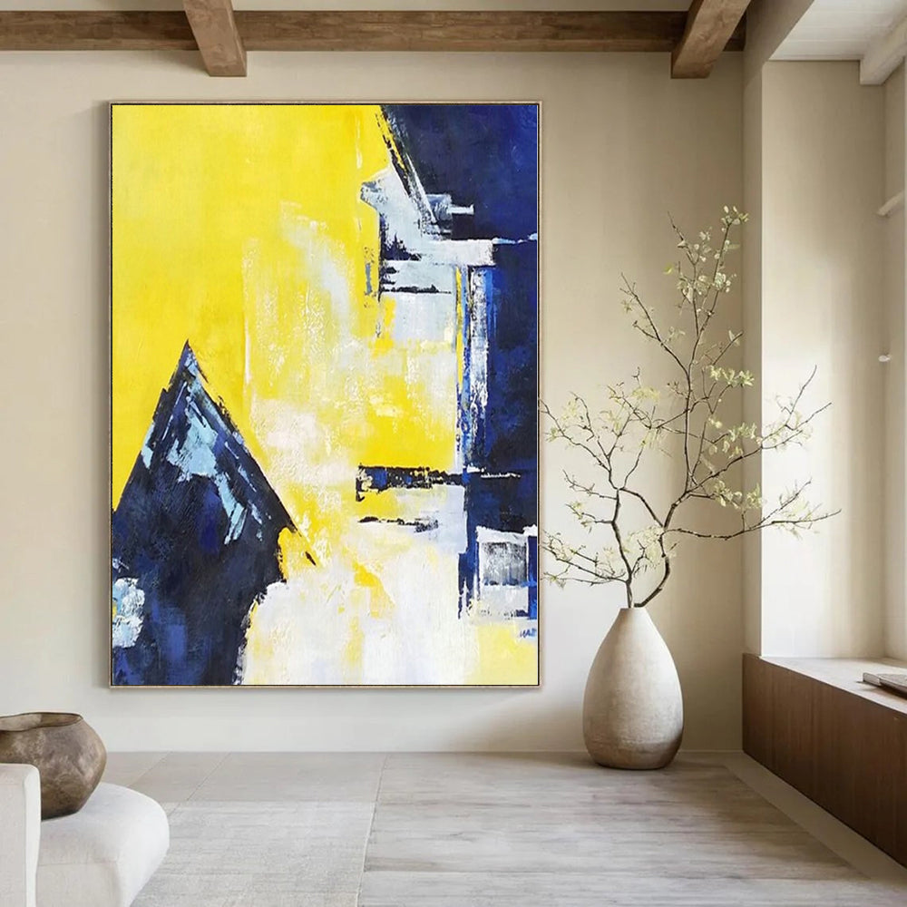 “Yellow - Blue Geometric Clash” - Bold Abstract Painting On Canvas PS0215