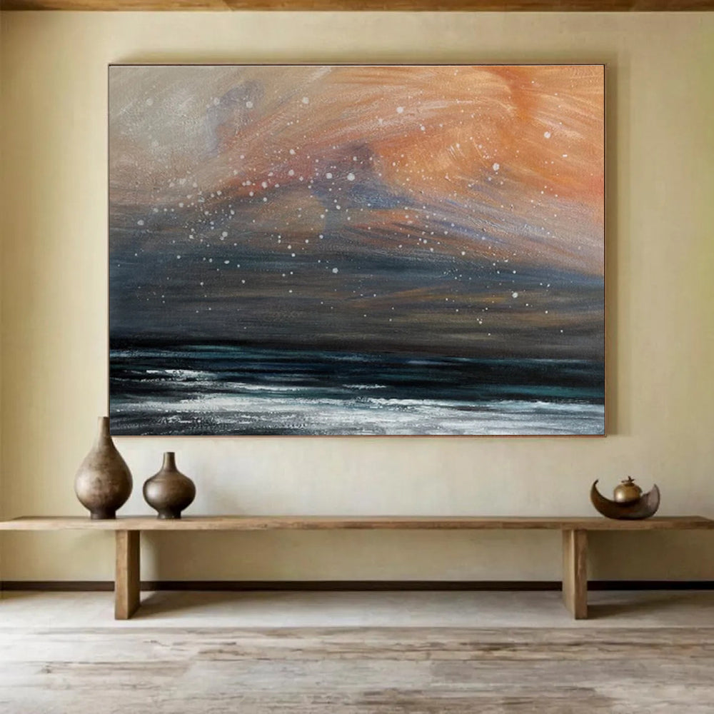 Orange and Grey Sky Over Dark Sea with Snow Seascape Painting On Canvas DKS110