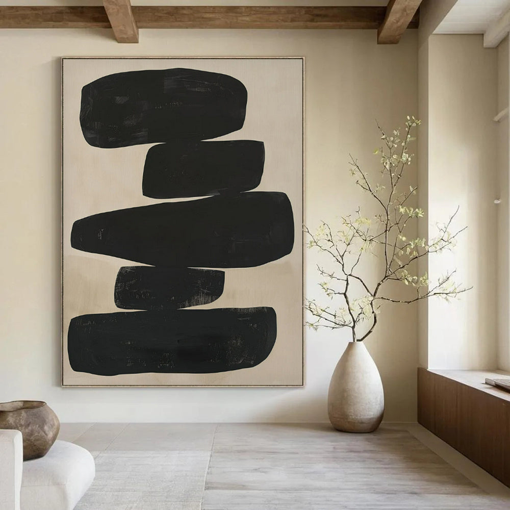 Stacked Black Shapes, "Black Monoliths" – Abstract Geometric Painting On Canvas PS0936