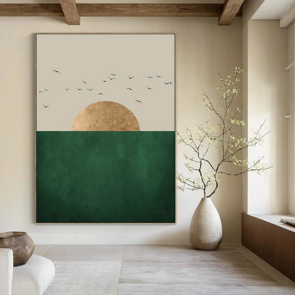 “Minimalist Sun, Sea, and Birds” - Minimalist Landscape Painting On Canvas PT1921