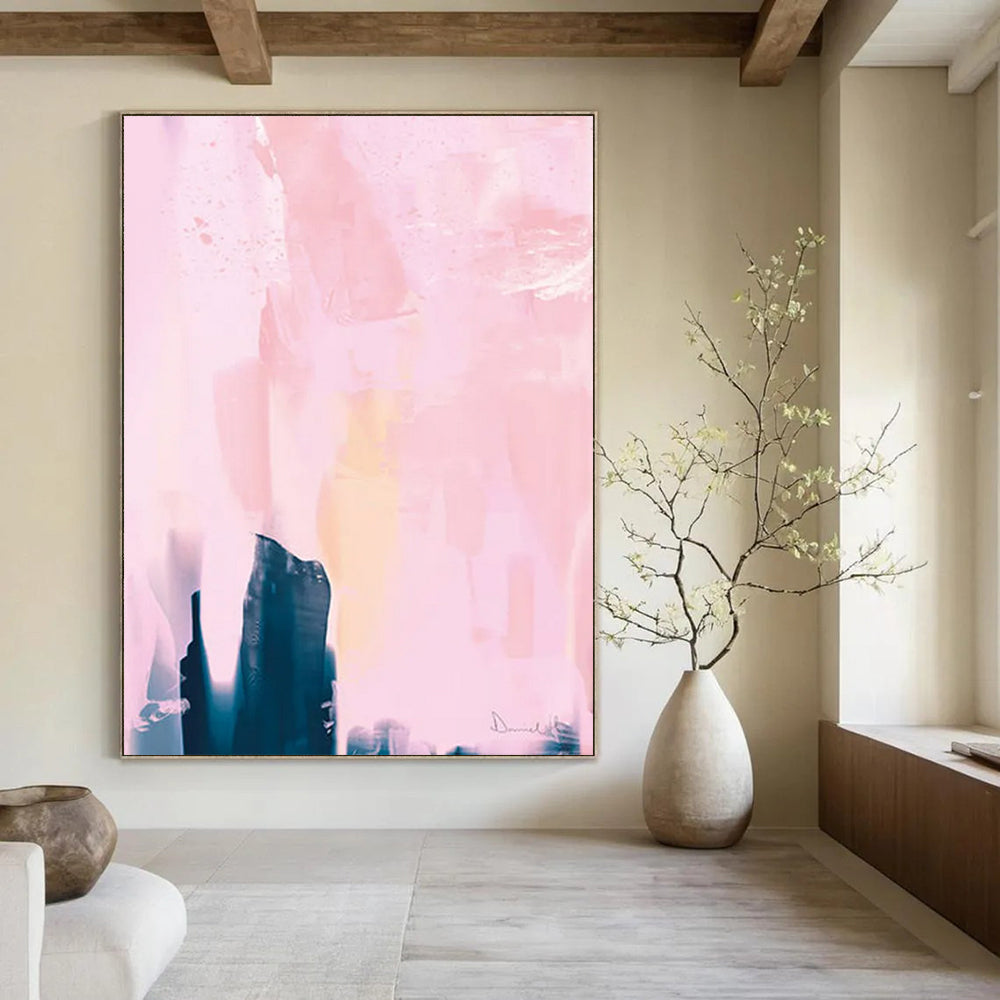 “Blush & Indigo Layered Abstraction” - Pastel Pinks & Deep Blues Painting On Canvas DS180