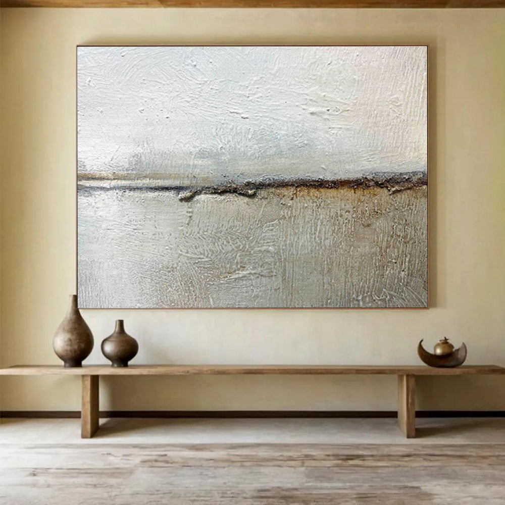 “Textured Neutral Divide” - Gray, Brown & White Abstract, Mixed - Media Painting On Canvas DKS754