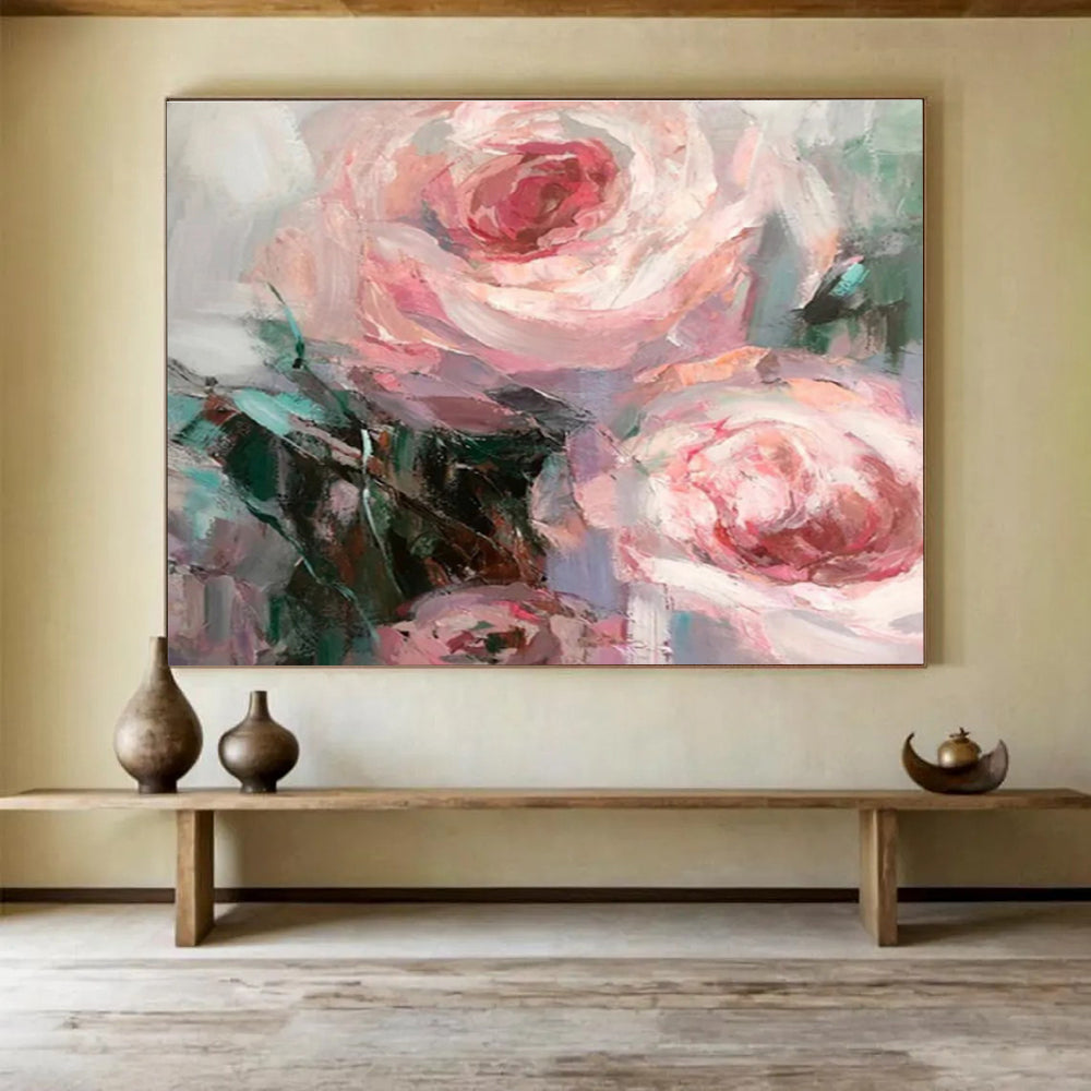 “Soft Pink Rose Blooms” - Pink, Purple & Green Floral, Impressionistic Oil Painting On Canvas DKS724