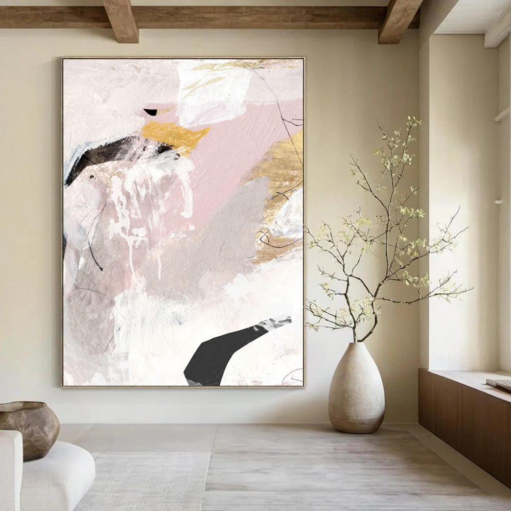“Blush, Gold & Black Abstract Fusion” - Soft Tones with Geometric Flair Painting On Canvas DS211
