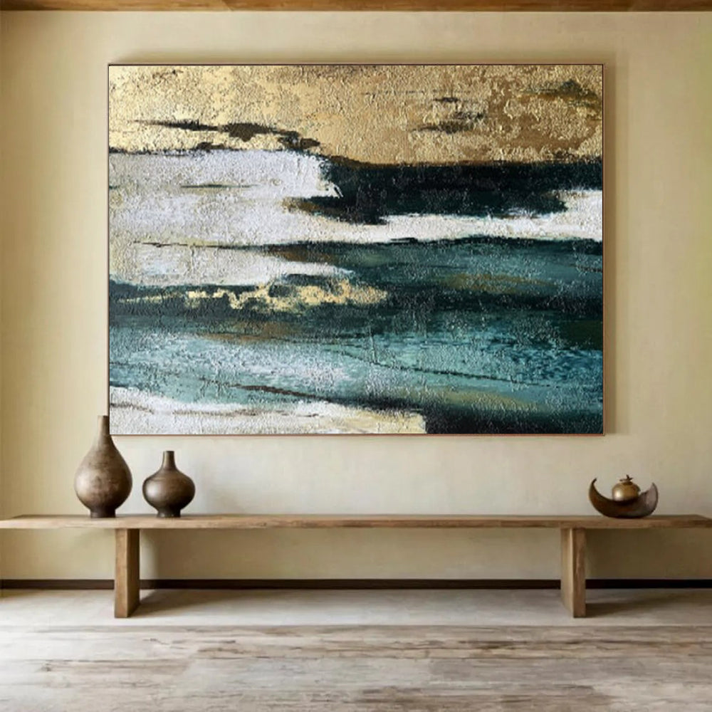 “Gold - Teal - White Textures” - Metallic Accents “Gilded Tide” Painting On Canvas PT1633