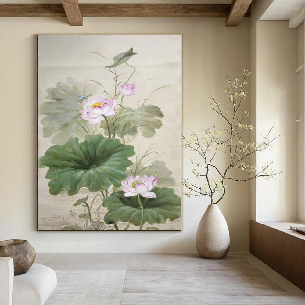 “Traditional Chinese Lotus” - Oriental, Floral - Themed Painting On Canvas PT1588