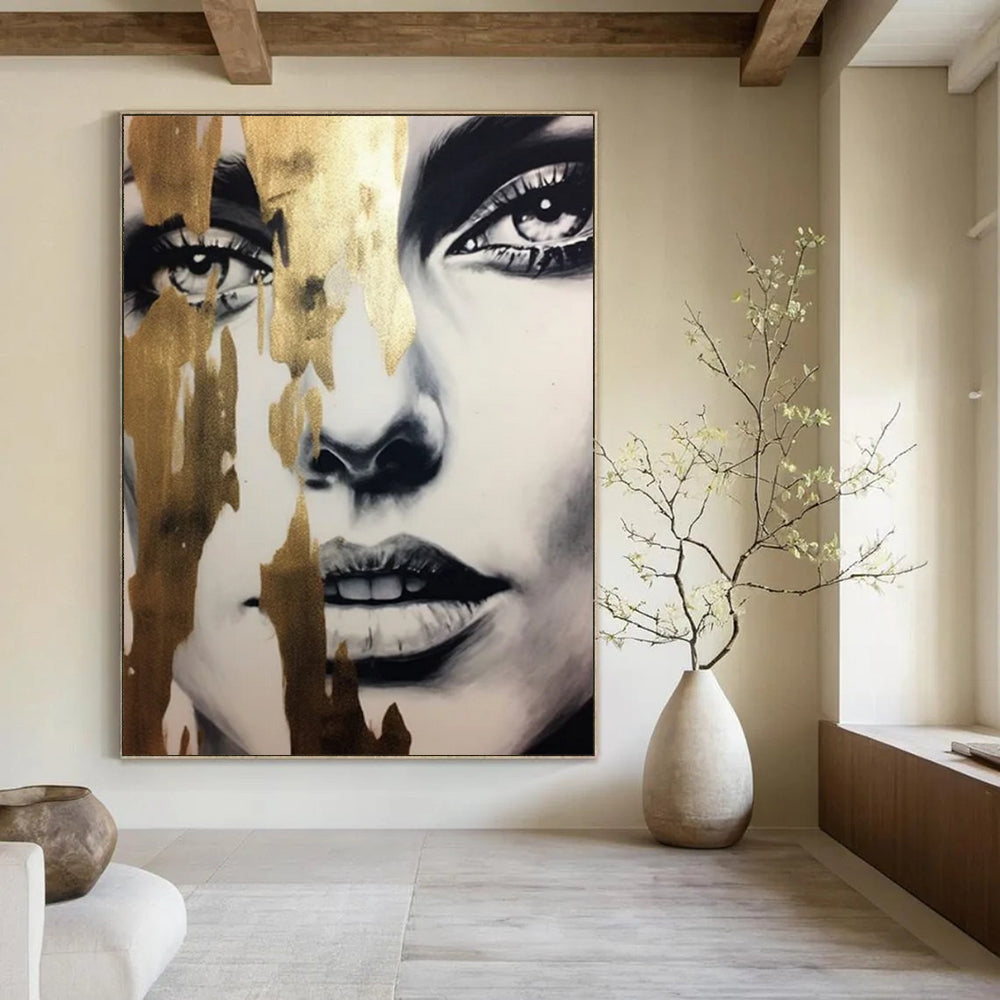 “Gilded Abstract Face” - Black - and - White with Gold Accents Art On Canvas PT2192
