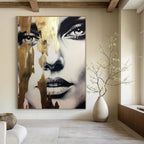 “Gilded Abstract Face” - Black - and - White with Gold Accents Art On Canvas PT2192