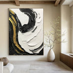 “Black, White, and Gold Swirling Textures” - Opulent Abstract Painting On Canvas DS381
