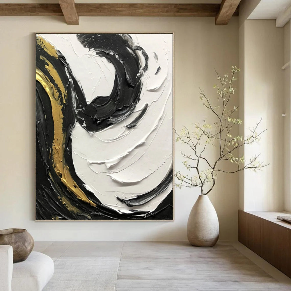“Black, White, and Gold Swirling Textures” - Opulent Abstract Painting On Canvas DS381