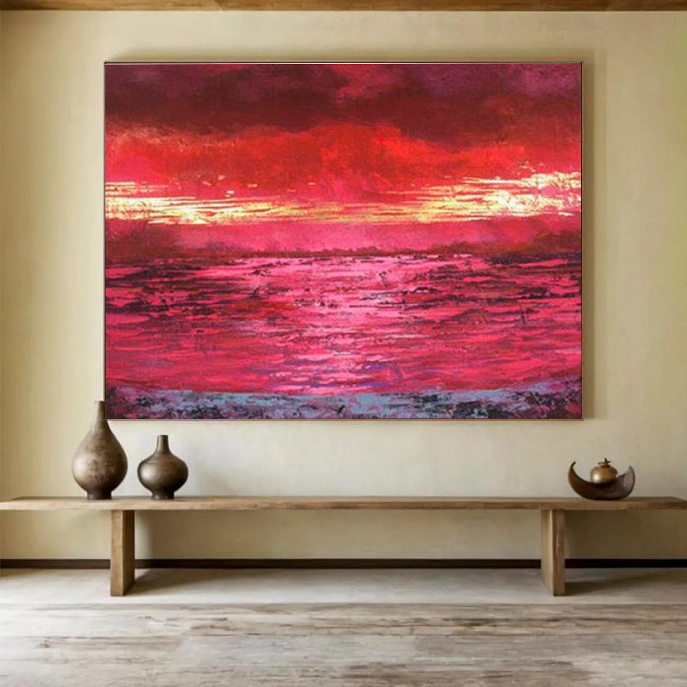 “Vibrant Red Sunset Over Water” Landscape Painting On Canvas DKS191