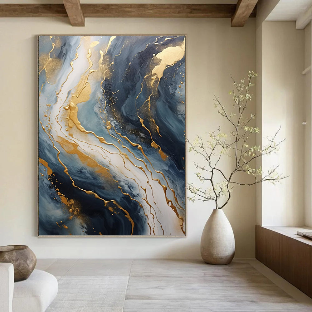 “Blue and Gold Marble” - Abstract, Opulent - Themed Painting On Canvas PT1599