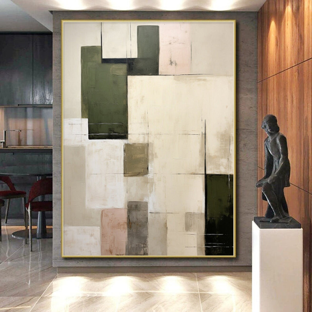 “Neutral & Green Squares” - Beige, Green Abstract Minimalist Painting On Canvas PS0395