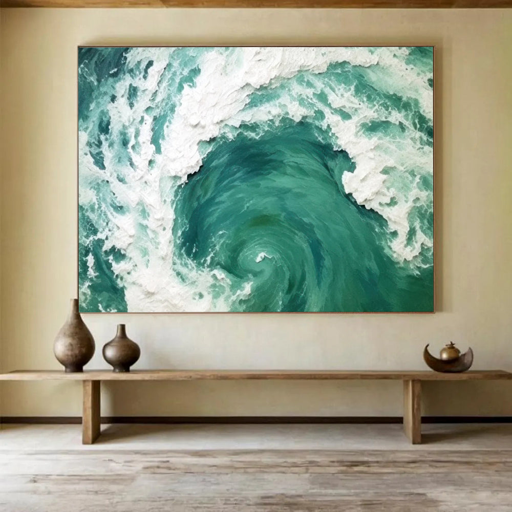 “Turquoise and White Ocean Swirl” - Impasto Marine Painting On Canvas PT064