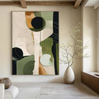 Green, Beige, Black with Geometric Forms "Geometric Growth" Abstract Painting On Canvas PS1276