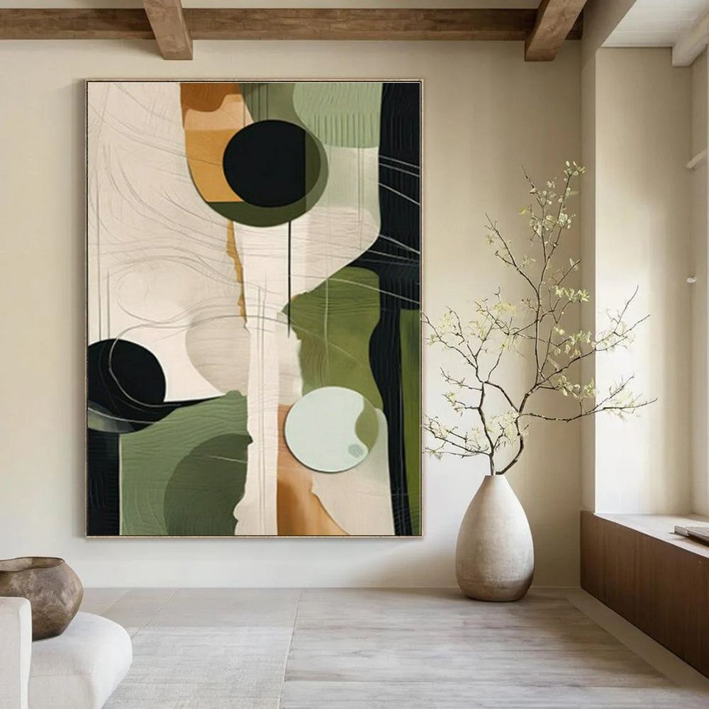 Green, Beige, Black with Geometric Forms "Geometric Growth" Abstract Painting On Canvas PS1276