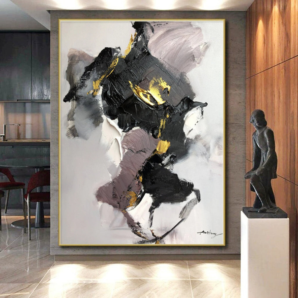 “Black - Gold - Purple Luxe Abstraction” - Black, Gold, Purple, Gray Abstract Painting On Canvas PS0511