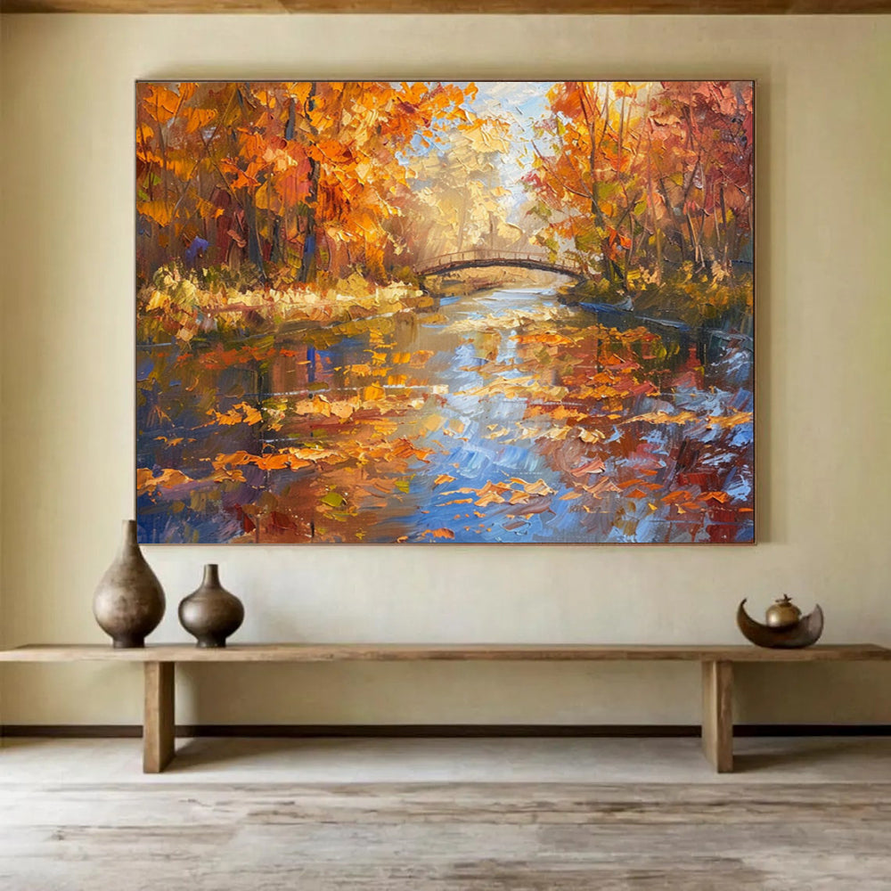 “Autumn River Walk” - Realistic Fall Landscape Painting On Canvas PT196