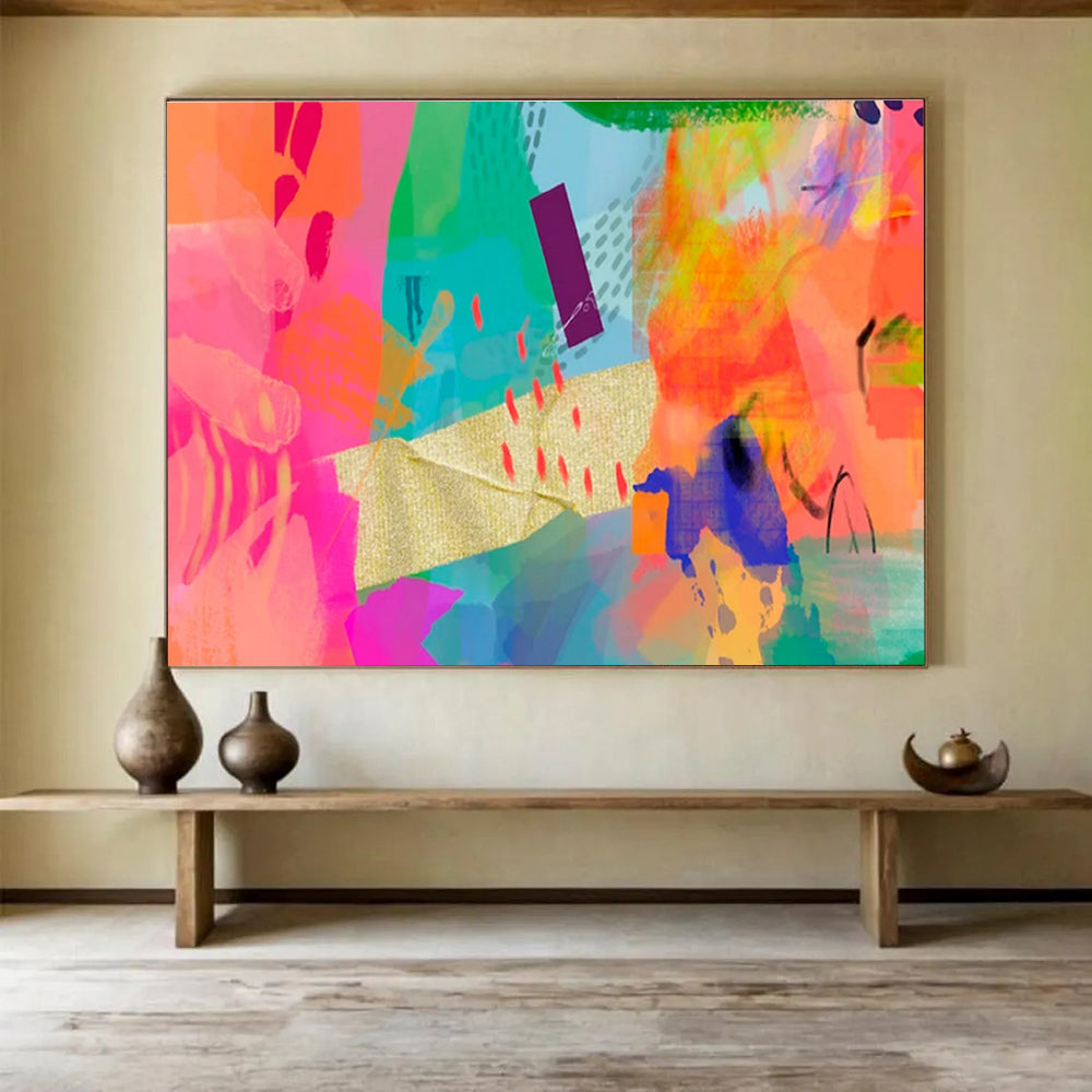 “Vibrant Color Collage” Mixed - Media Abstract Painting On Canvas DKS199