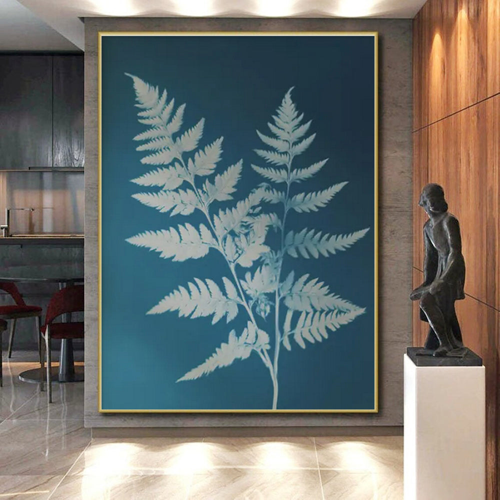 White Ferns on Blue, "Fern Fantasy" – Botanical Silhouette Painting On Canvas PS0874