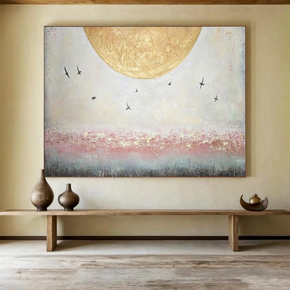 “Golden Moon with Flying Birds” - Impasto Sky - scape - Painting On Canvas PT1773