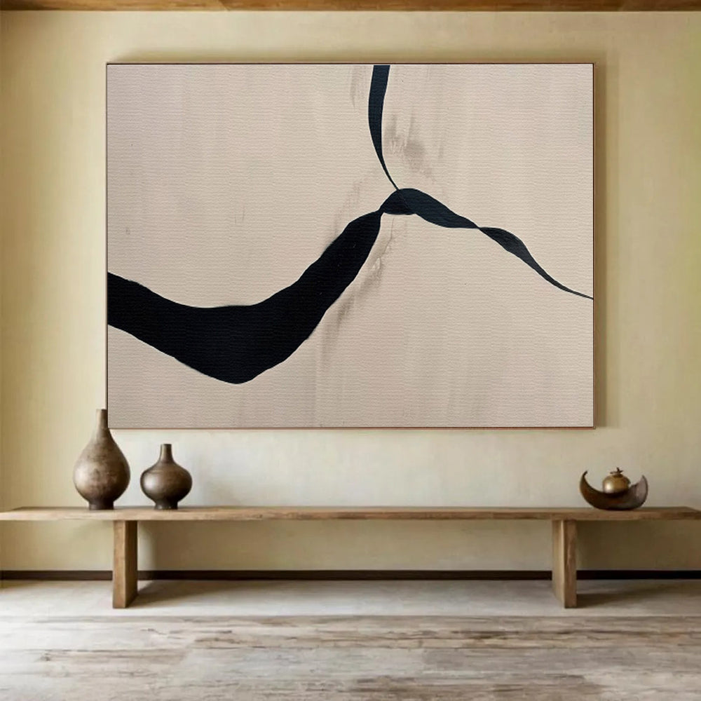 Black and Beige Curved Ribbon Minimalist Abstract Painting On Canvas DKS145