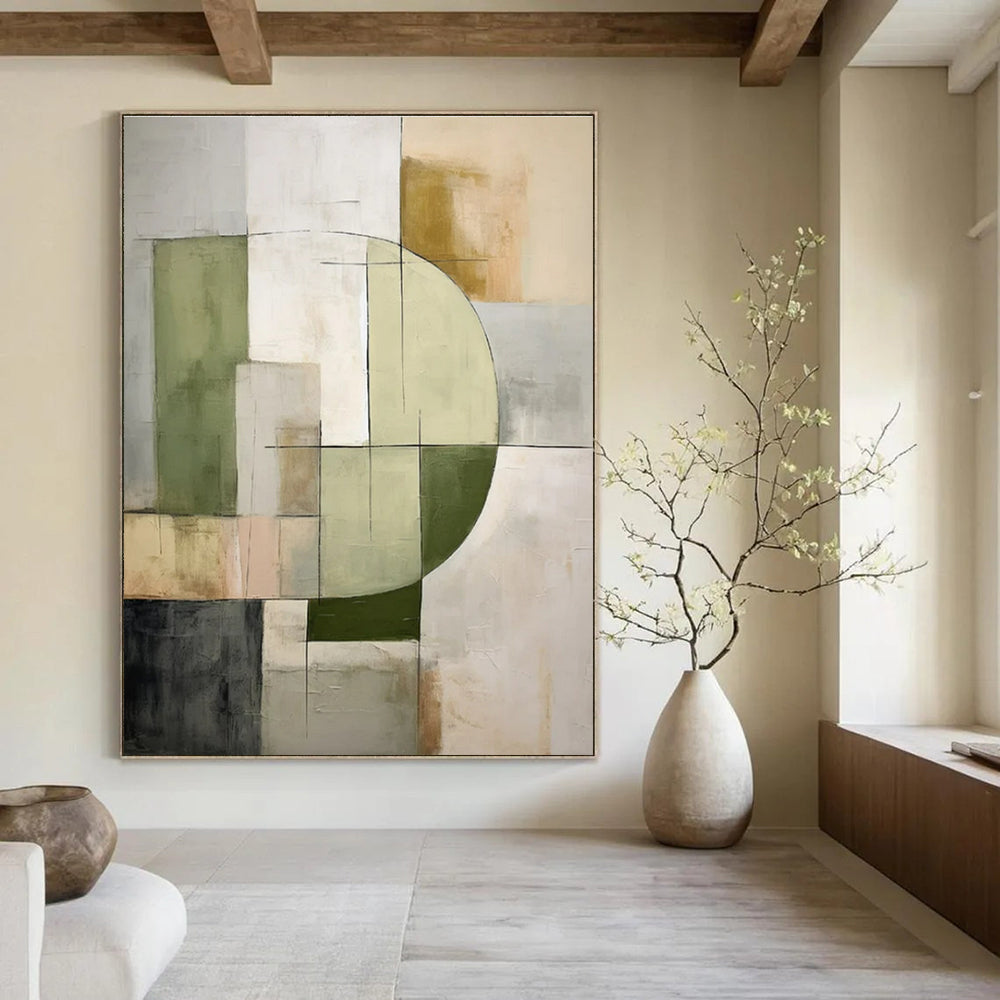 Green, Gray, Beige, Black with Geometric Mix "Balanced Abstraction" Abstract Painting On Canvas PS1451