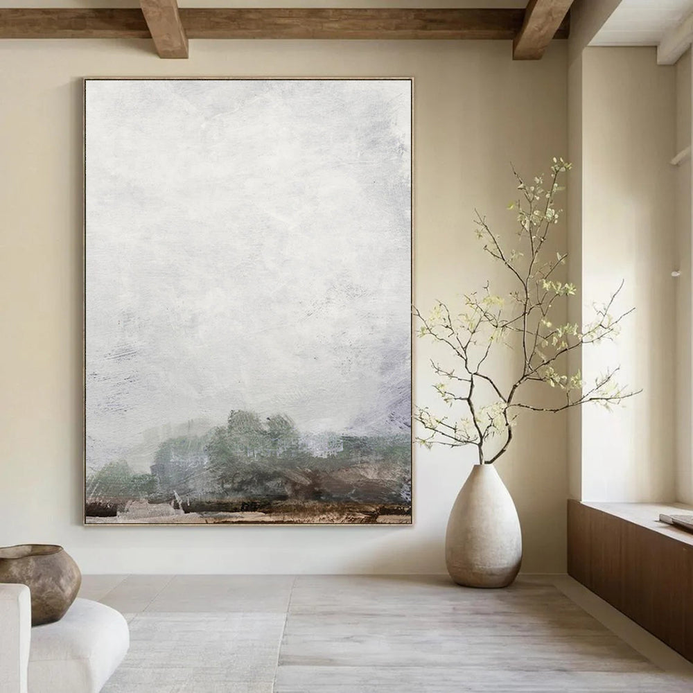 “Hazy Gray Tree Line” - Light Gray Sky with Faint Green Trees Painting On Canvas DS222