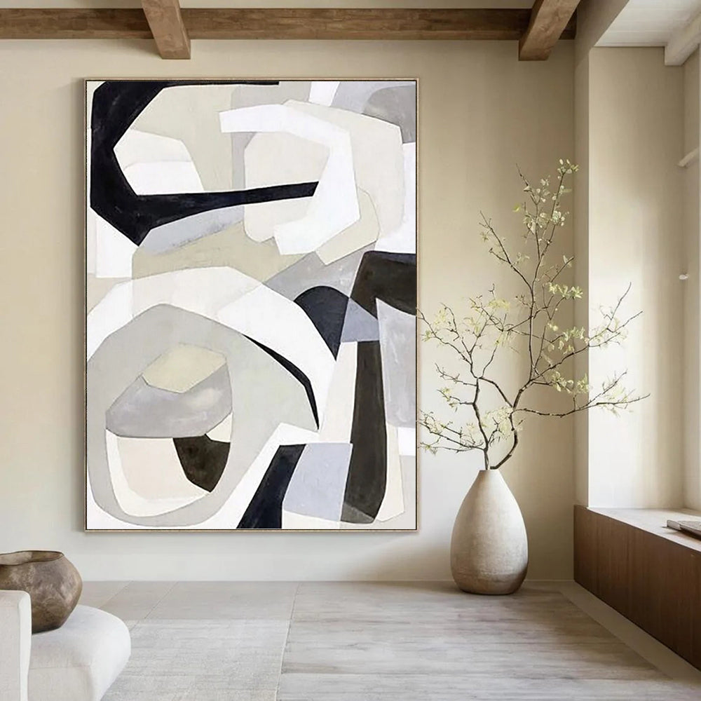 “Grey - White - Black Abstract Shapes” - Modernist Abstract Painting On Canvas PT1141