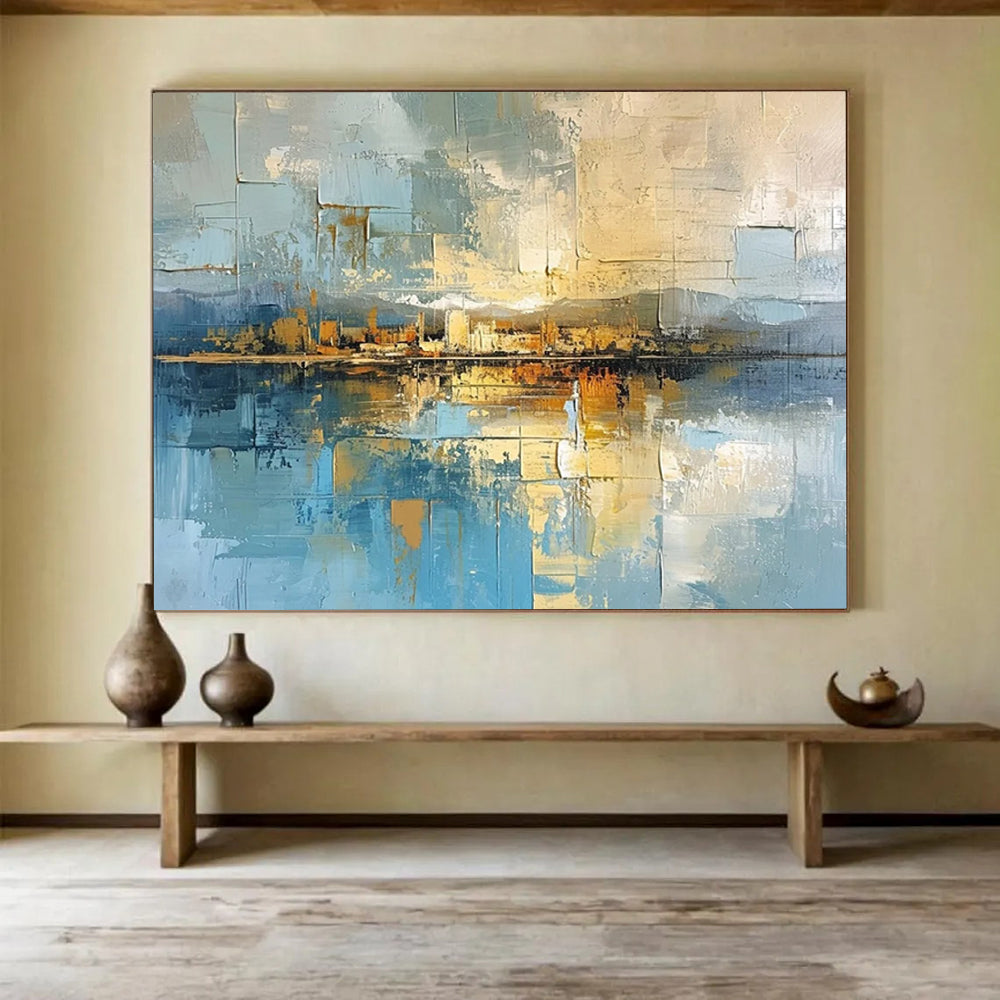 “Cityscape Reflection in Blues and Golds” - Cubist - Inspired Landscape Painting On Canvas PT050