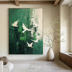 “Green - White Bird Abstract” - Abstract Expressionist Painting On Canvas PT1311